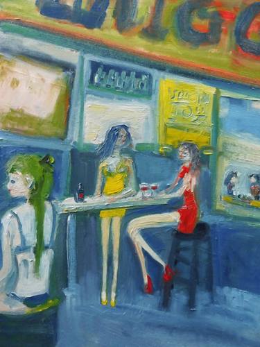 GIRLS CAFE MADEIRA OLD TOWN. Original Oil Figurative Painting. thumb