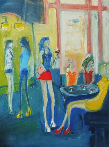 GIRL RED MINI SKIRT, WINE with GIRLFRIENDS. Original Oil Figurative Painting. Varnished. thumb