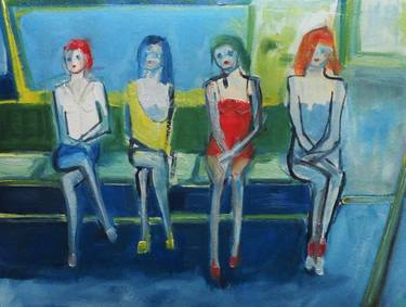 TEENAGE GIRLS FOURSOME CITY TRAVEL. Original Female Figurative Oil Painting. Varnished. thumb