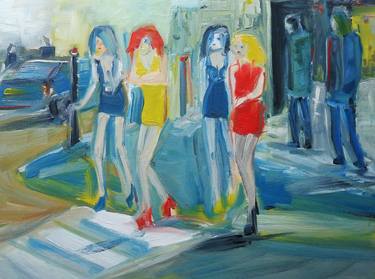 GIRLS DRESSES CHILLY DISCO CITY NIGHT. Original Female Figurative Oil Painting. thumb