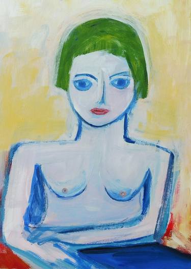 NUDE GIRL PORTRAIT, BLUE EYES, GREEN HAIR. Original Female Figurative Acrylic Painting. Varnished. thumb