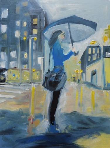 GIRL DELIVERY RAINY CITY NIGHT LIGHT REFLECTIONS. Original Female Figurative Oil Painting. Varnished. thumb
