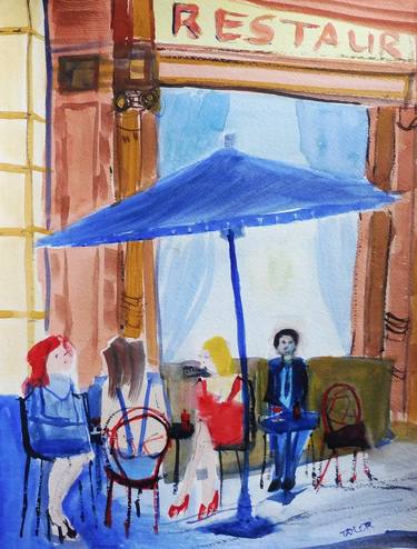 GIRLS & LONESOME, RESTAURANT RED WINE. Original Impressionistic Figurative Watercolour Painting. thumb