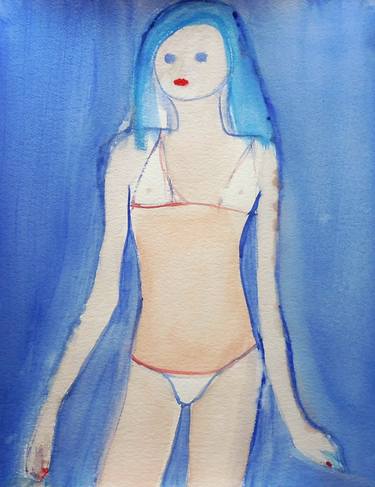 GIRL FIGURE WHITE BIKINI. Original Impressionistic Figurative Watercolour Painting. thumb
