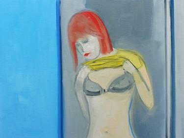 GIRL REDHEAD UNDRESSING with BLACK BRA. Original Female Figurative Oil Painting. Varnished. thumb