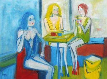 CAFE, FEMALE FASHION MODELS. Original Female Figurative Oil Painting. Varnished. thumb