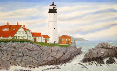 PORTLAND LIGHTHOUSE, LARGE 4' WIDE OIL PAINTING thumb