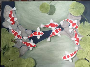 KOI POND, LARGE 40' WIDE OIL PAINTING thumb