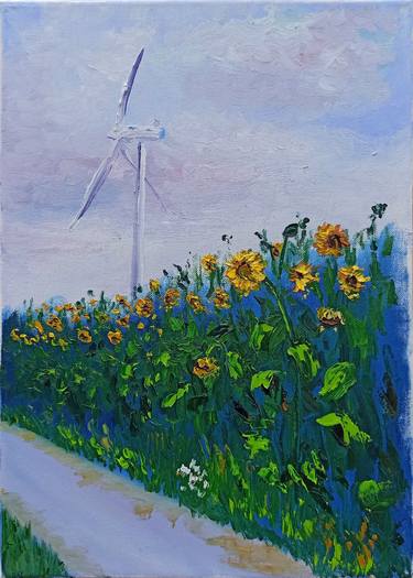 Sunflowers and a contemporary windmill. Pleinair painting thumb
