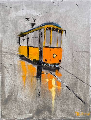 Orange old streetcar on a silver background thumb