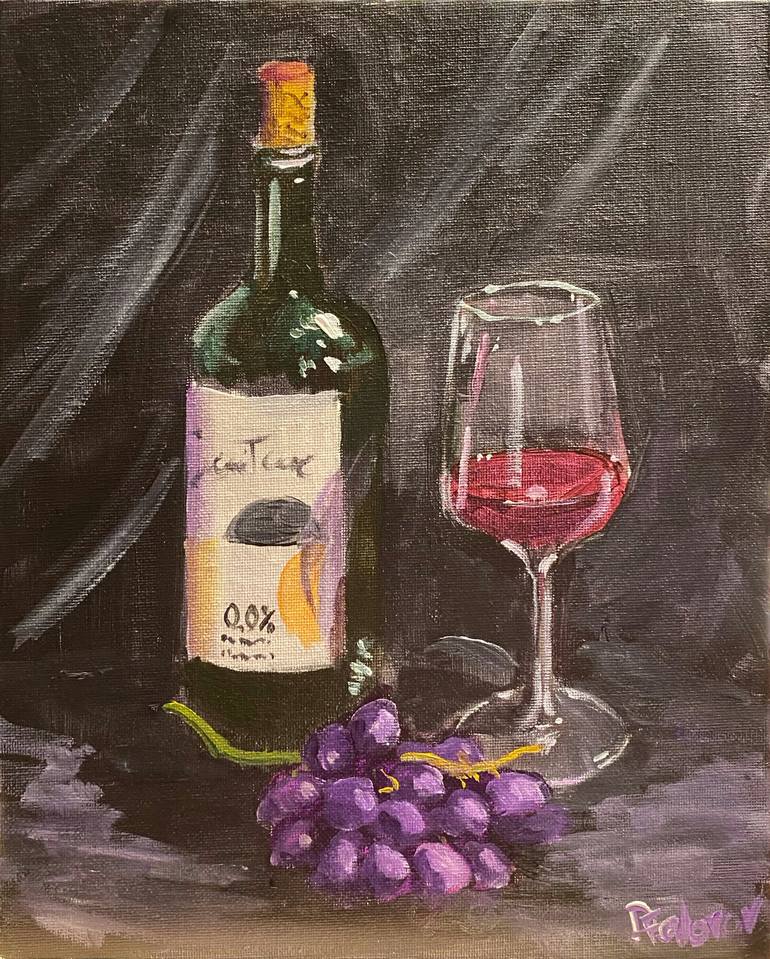 Original Still Life Painting by Dmitriy Fedorov | Impressionism Art on Canvas | Still life with a bottle of wine, glass and grapes