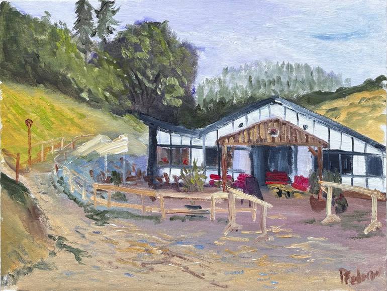 Original Rural Life Painting by Dmitriy Fedorov | Impressionism Art on Canvas | Cafe between the hills in Germany. Plein Air