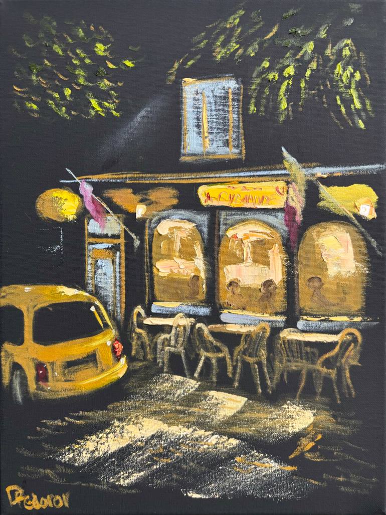 Original Cities Painting by Dmitriy Fedorov | Impressionism Art on Canvas | Night cafe in Dalen, the Netherlands. Plein Air