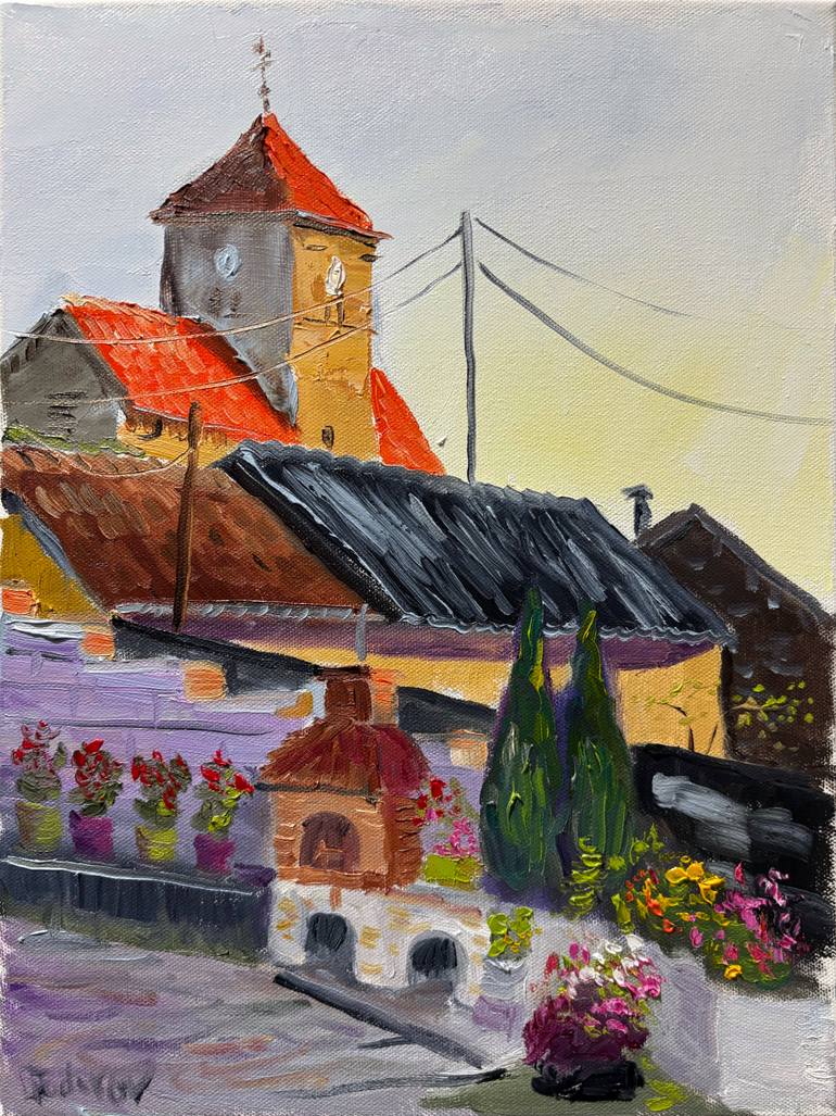 Original Architecture Painting by Dmitriy Fedorov | Impressionism Art on Canvas | Red Roofs and Church Tower in Balesmes-sur-Marne, France pleinair