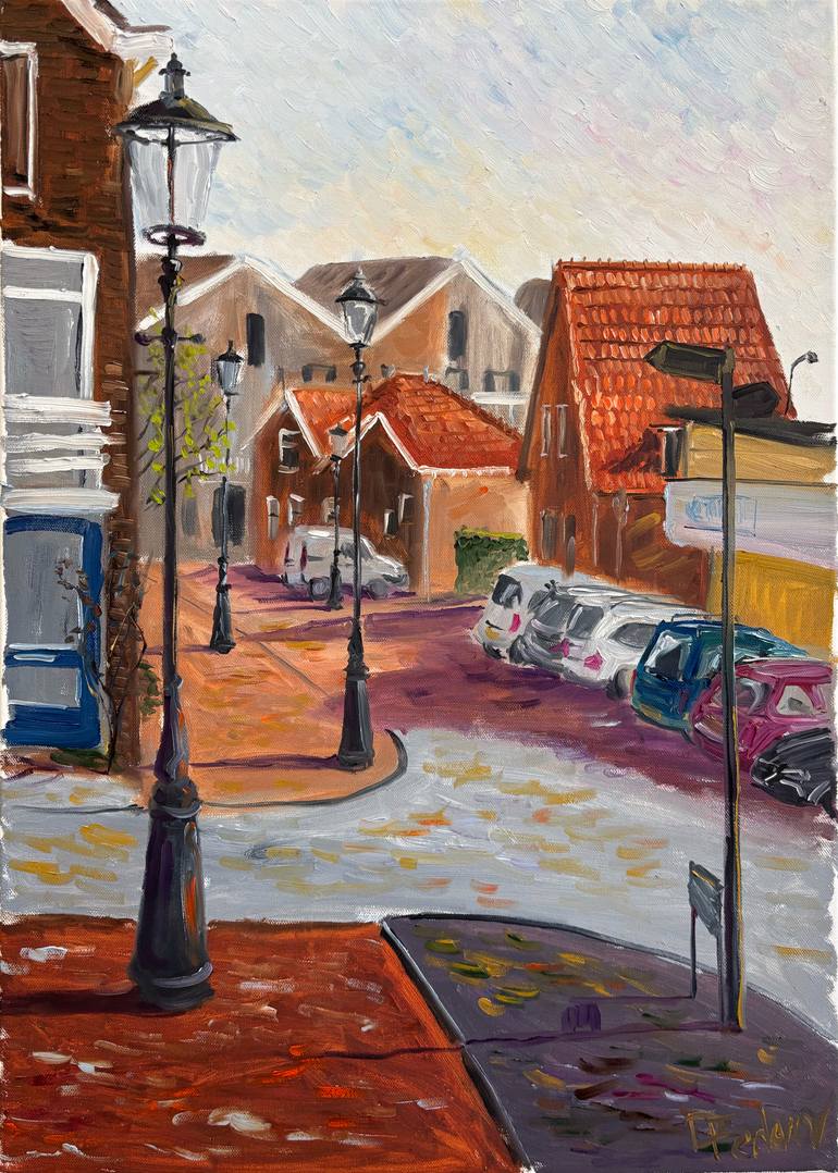 Original Architecture Painting by Dmitriy Fedorov | Impressionism Art on Canvas | Coevorden Rhythm: Light on Brick and Cobblestone