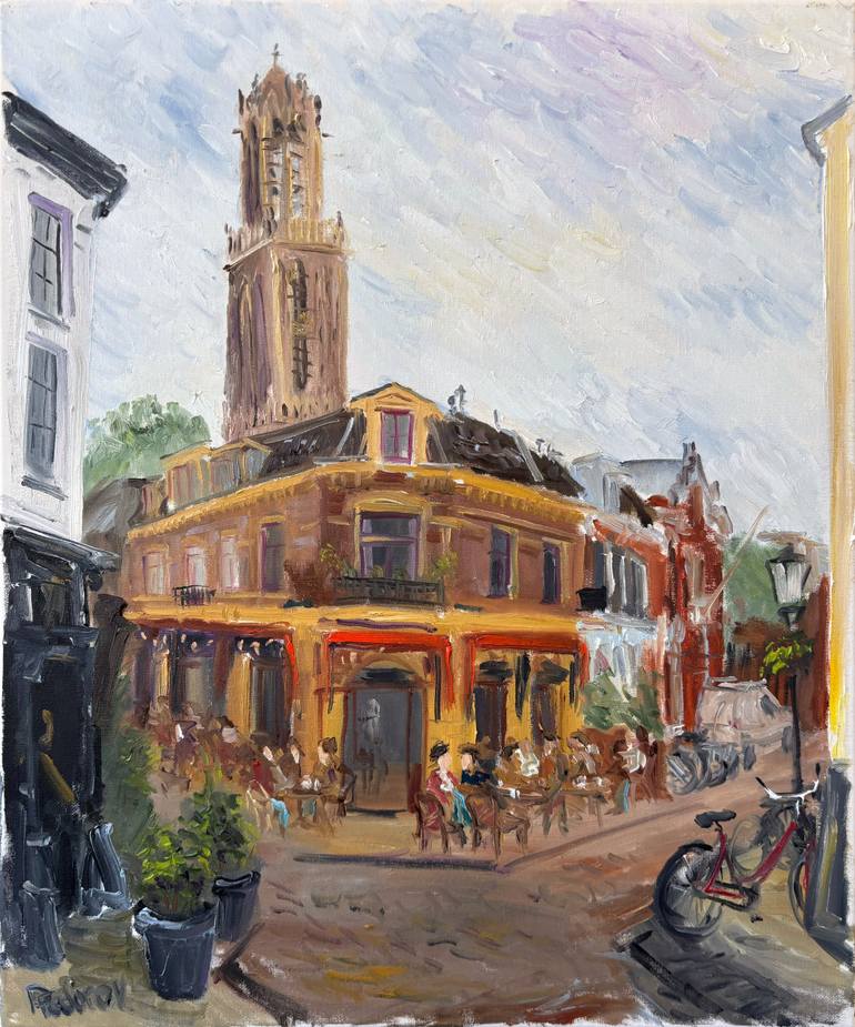 Original Architecture Painting by Dmitriy Fedorov | Impressionism Art on Canvas | Dutch Street Cafe and Domtoren Utrecht - Plein Air