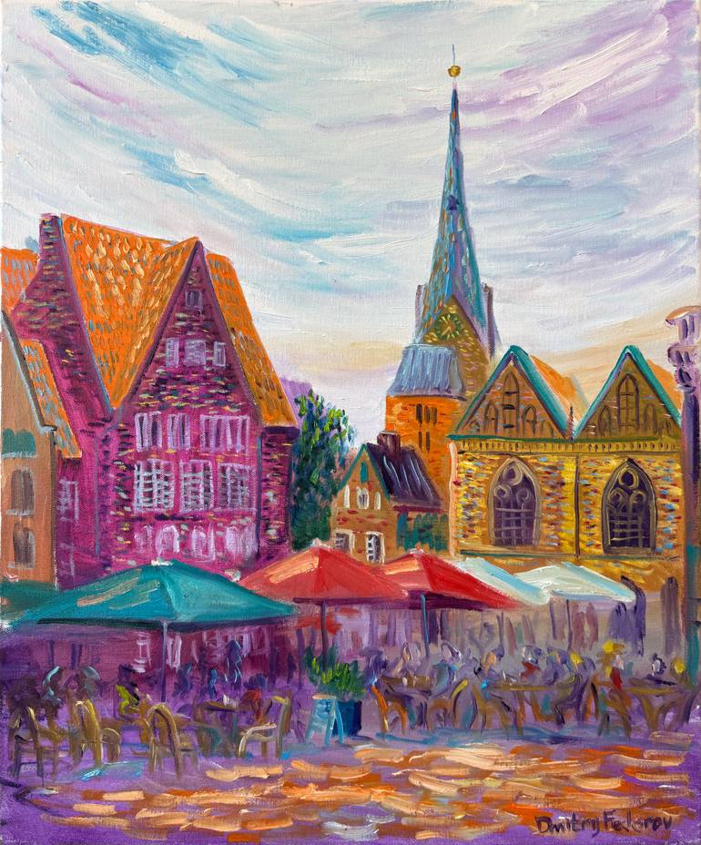 Original Architecture Painting by Dmitriy Fedorov | Impressionism Art on Canvas | Bremen Market Square and St. Petri Cathedral