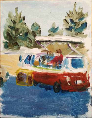 Mobile coffee shop in the retro van. Plein Air Painting thumb