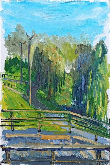 Weeping willows in the park. Plein air painting thumb