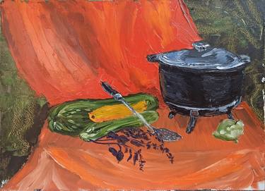 Сauldron and zucchini. Still life thumb