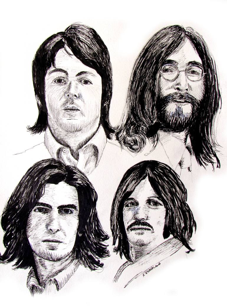 The Beatles, Four Faces, 1968 Drawing by Ron Enderland