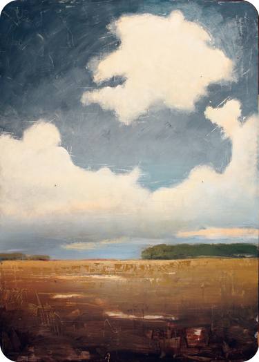 Large blue sky and clouds painting of California Landscape with field and ponds. thumb