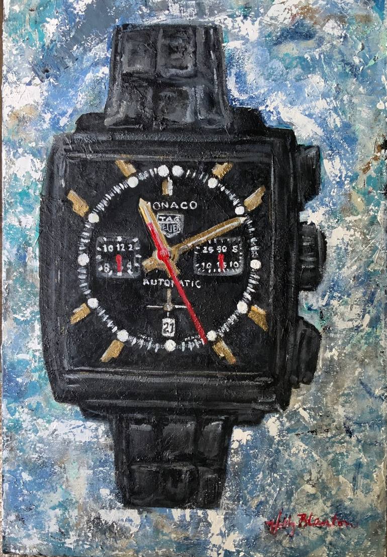 Original Fashion Painting by Holly Blanton  Contemporary Art on Canvas  Tag Heuer Monaco Watch