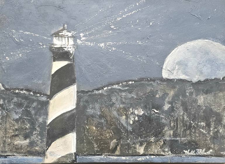 Original Architecture Painting by Holly Blanton  Black  White Art on Canvas  St Augustine Lighthouse Full Moon