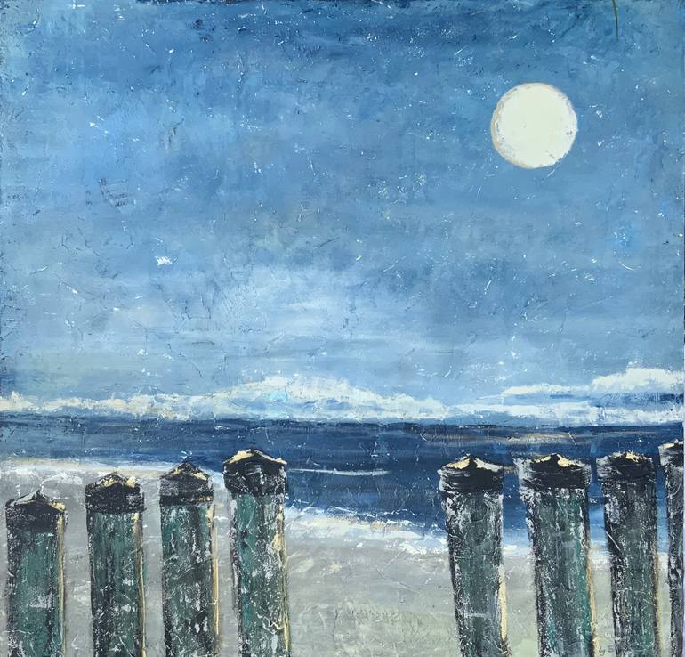 Original Beach Painting by Holly Blanton  Contemporary Art on Canvas  Poles in the Moonlight