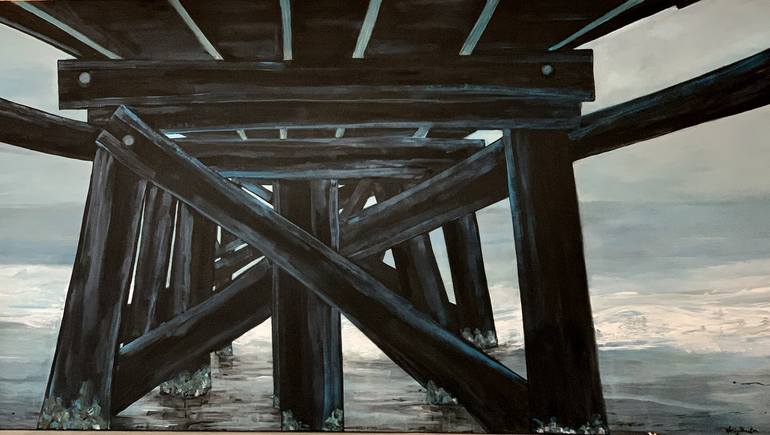 Original Beach Painting by Holly Blanton  Art Deco Art on Canvas  Looking Out Under the Pier