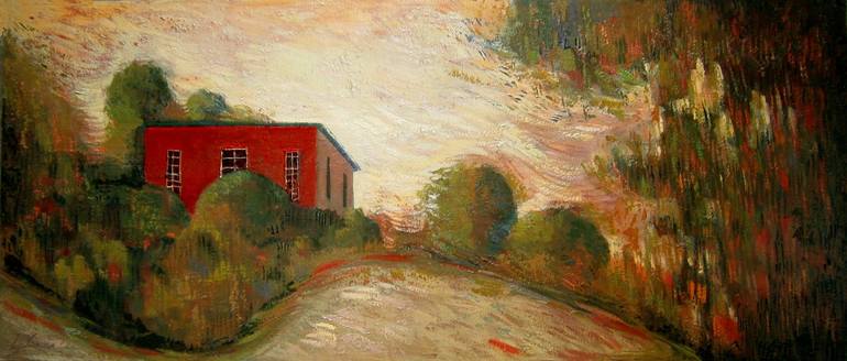 Original Architecture Painting by Lola Soto Vicario | Expressionism Art on Wood | Abandoned Red House and Grove.