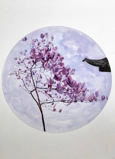 Tree blooming with traditional Chinese architecture - Circle painting thumb