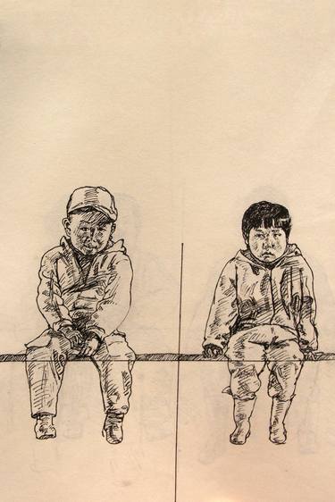 Children: boy and girl, realism pen ink drawing on paper #01 thumb