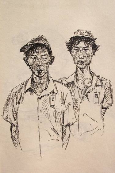 Portrait, ink:  Two Young man. Realism portrait, realism pen ink drawing on paper #04 thumb