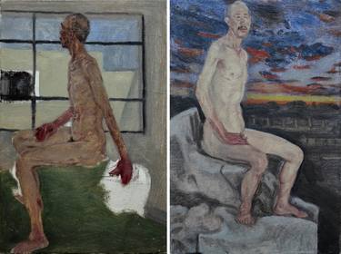 Nude man inside and outside (diptych) - Nude man oil painting (33x22 cm each, total 44x33) thumb