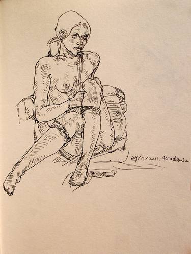 Young nude erotic model - Ink on paper drawing #01 - Figurative ink drawing thumb
