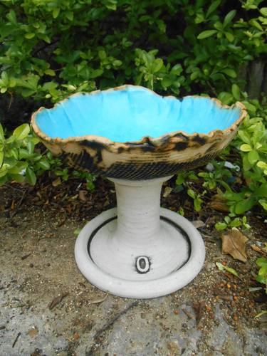 Textured turquoise bowl Ceramic Birdbath. thumb