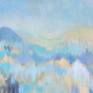 Original, acrylic, abstract landscape painting on stretched canvas, unframed. Calm misty mountains with turquoise, blue, yellow ochre mountains. Please see additional images.
