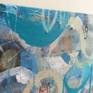 Original, modern, abstract art painting on wood board, unframed.  This is a textured, contemporary, expressionist still life painting with blue vessels and objects.  This painting is fairly heavy but can be hung as is. The edges are painted white.