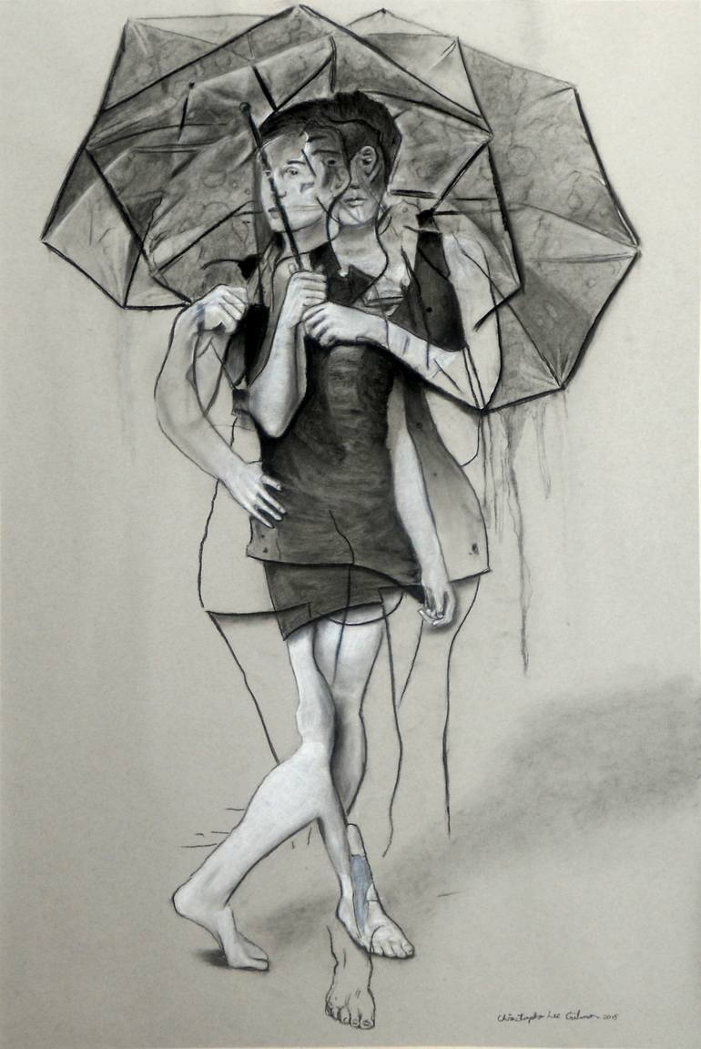 couple under umbrella outline