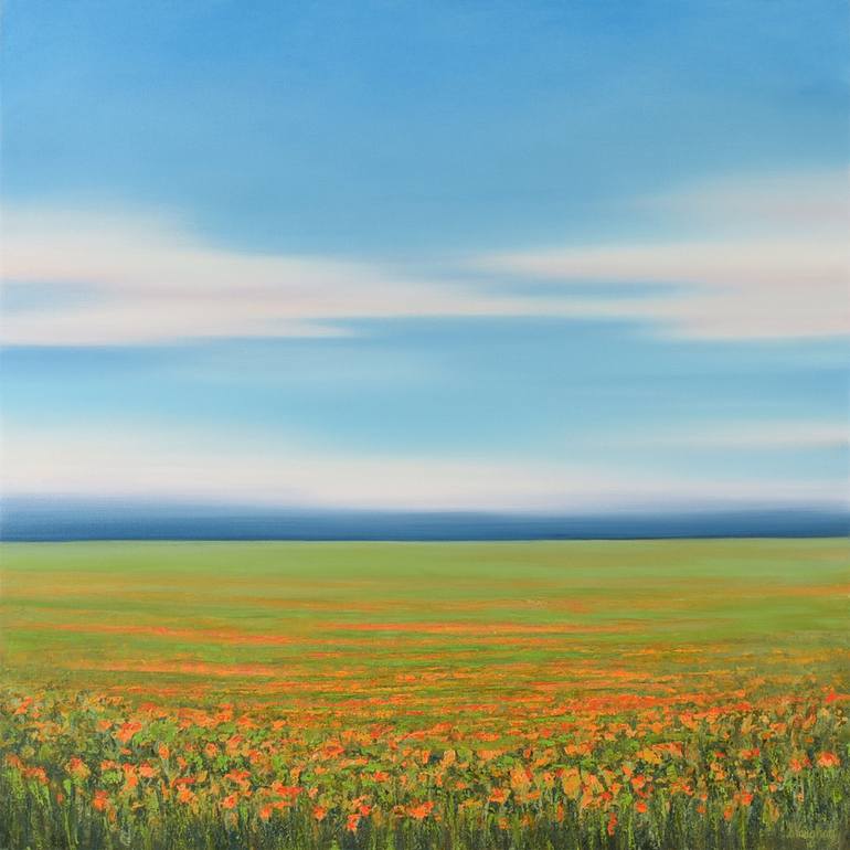 Summer field with white daisies under blue sky For sale as Framed