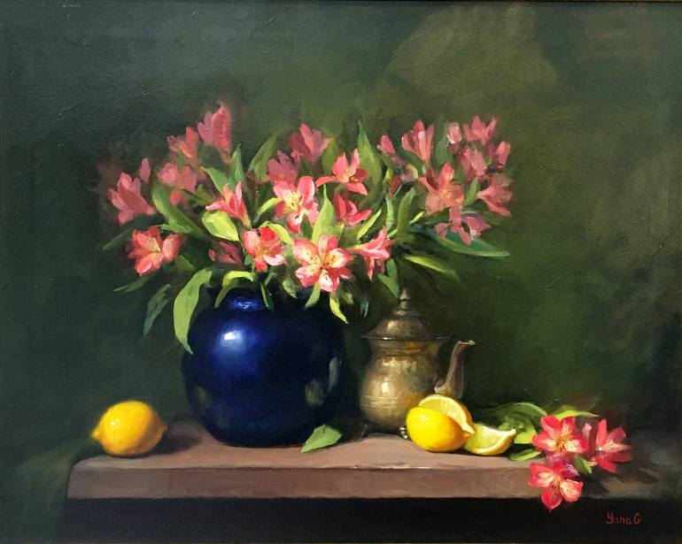 Alstroemeria and Lemons Painting by Yana Golikova | Saatchi Art