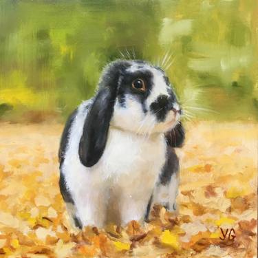 Bunny oil painting. Fall season. Small art thumb