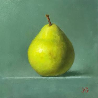Pear Painting Fruit Original Art Green Pear Wall Art Fruit Still Life painting Pear impasto oil painting Pear small artwork 6x6 by Alla