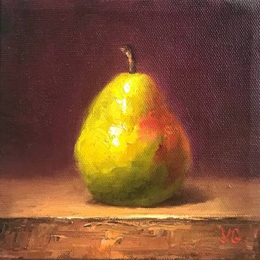 Pear Painting Fruit Original Art Green Pear Wall Art Fruit Still Life painting Pear impasto oil painting Pear small artwork 6x6 by Alla