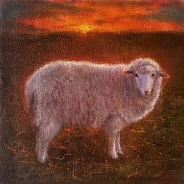 Sheep on sunset. Original oil painting thumb