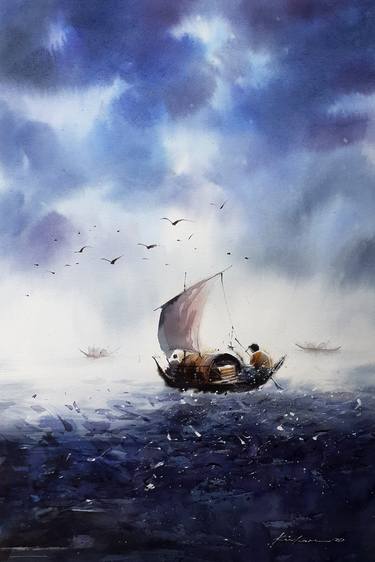 Original Boat Paintings by Kishor Mojumdar
