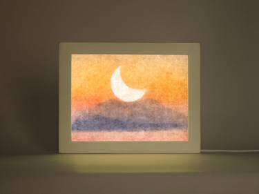 Moon Boat on Mountain, Abstract Painting, Orange Purple Night Lamp LED, Original watercolor with frame, Small tranquil landscape, M006 thumb