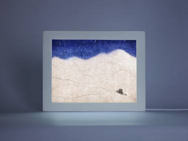 Trees and starry night, snowy Mountain Painting, Blue Winter Night Lamp LED, Original watercolor, serenity landscape, installation art, M007 thumb