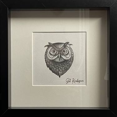 Night Owl Charcoal Drawing Framed 23x23cm by Zak Kirakosian thumb